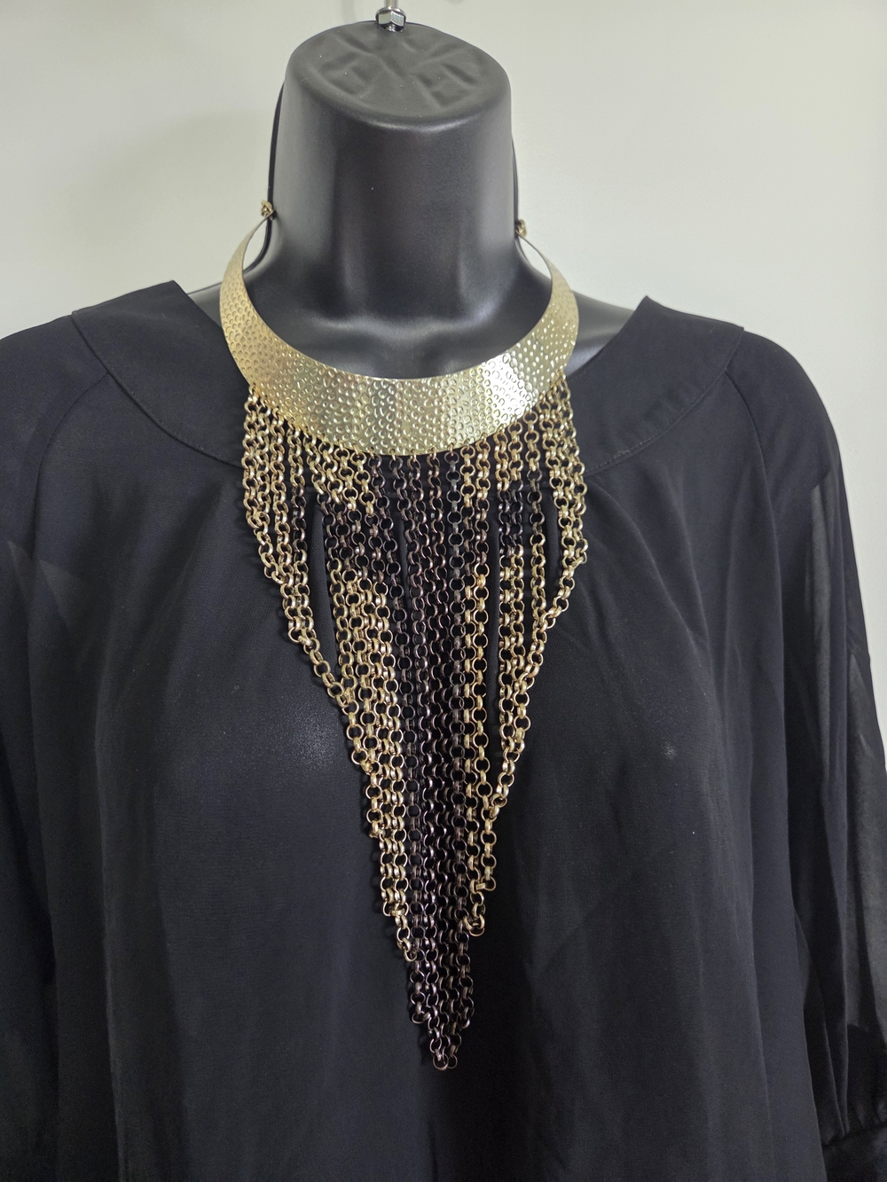 Gold-Tone Hammered Metal Collar Statement Necklace with Mixed Chain Fringe